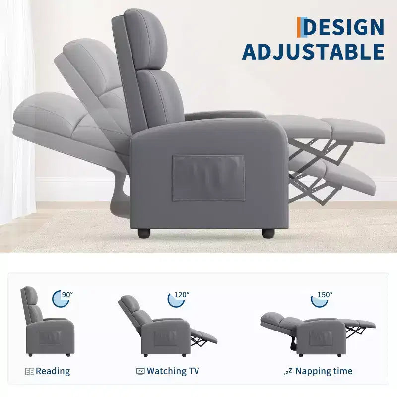Comfortable Adult Recliner Chair  Manual Adjustable with Tall Back, Wide Arms & Side Pocket for Living Room Home Theater