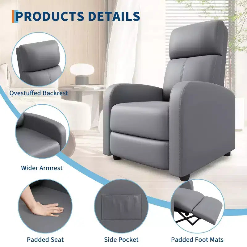 Comfortable Adult Recliner Chair  Manual Adjustable with Tall Back, Wide Arms & Side Pocket for Living Room Home Theater