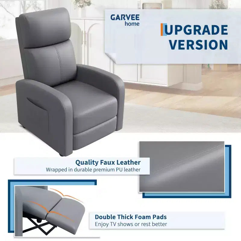 Comfortable Adult Recliner Chair  Manual Adjustable with Tall Back, Wide Arms & Side Pocket for Living Room Home Theater