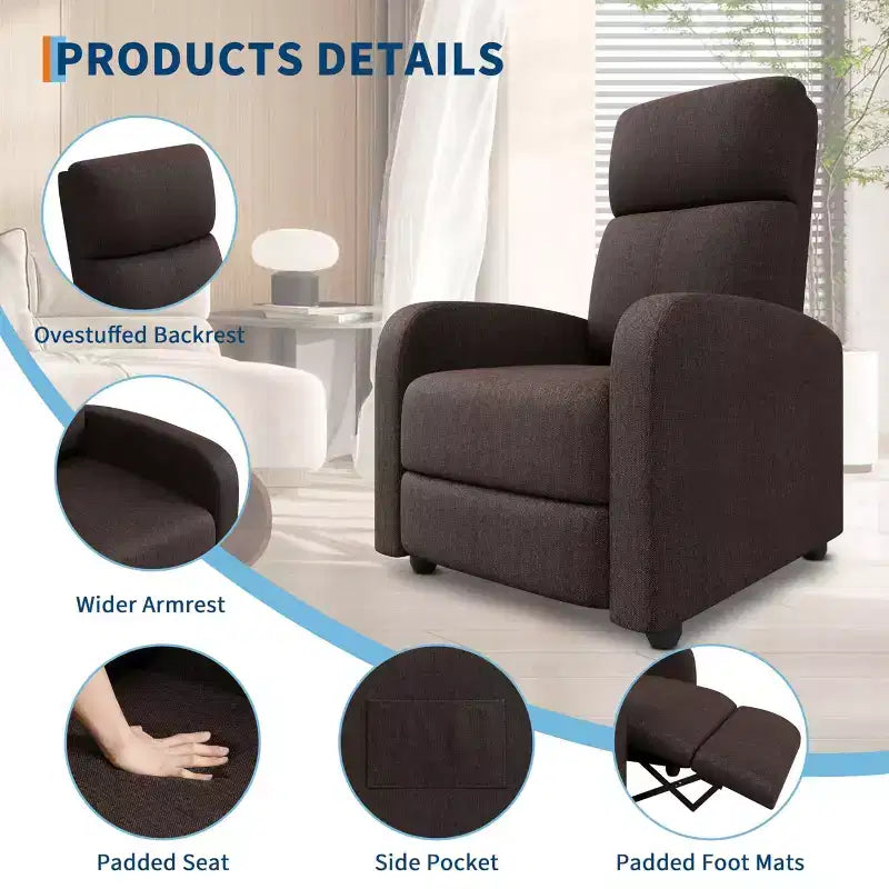 Comfortable Adult Recliner Chair  Manual Adjustable with Tall Back, Wide Arms & Side Pocket for Living Room Home Theater