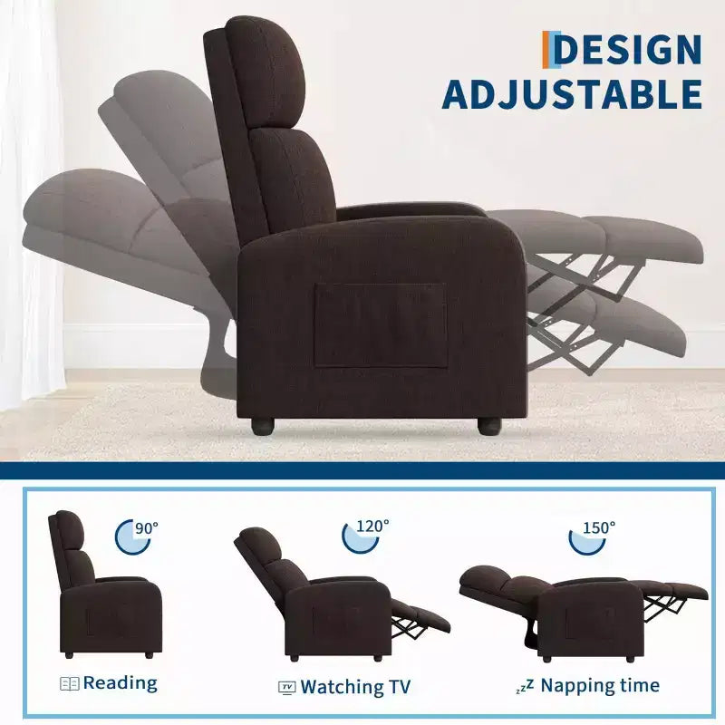 Comfortable Adult Recliner Chair  Manual Adjustable with Tall Back, Wide Arms & Side Pocket for Living Room Home Theater