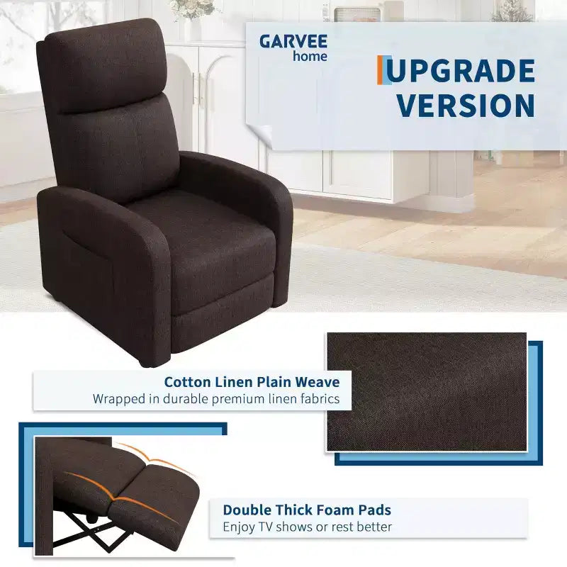 Comfortable Adult Recliner Chair  Manual Adjustable with Tall Back, Wide Arms & Side Pocket for Living Room Home Theater