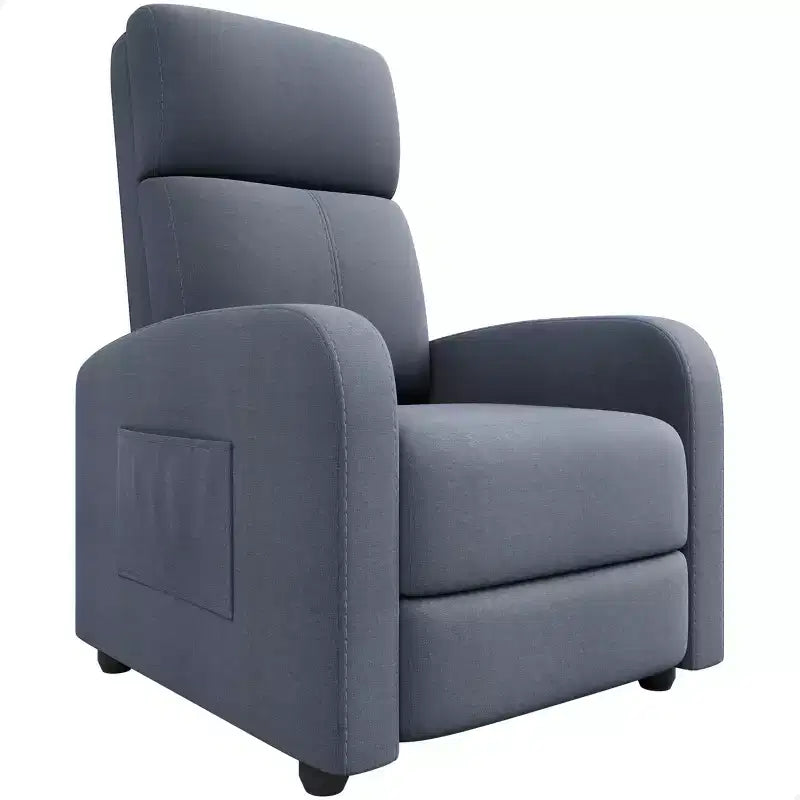 Fauteuil inclinable confortable pour adulte, réglable manuellement avec dossier haut, accoudoirs larges et poche latérale pour salon ou cinéma maison