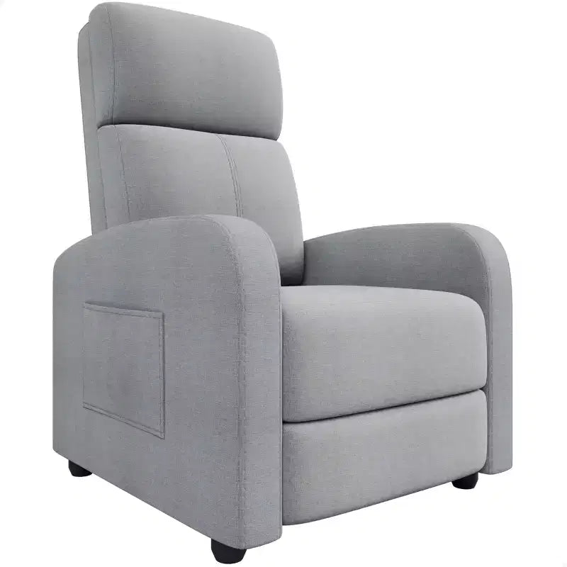 Fauteuil inclinable confortable pour adulte, réglable manuellement avec dossier haut, accoudoirs larges et poche latérale pour salon ou cinéma maison