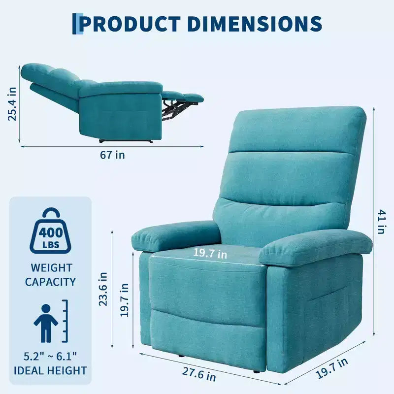 GustoWave Fabric Manual Recliner with Side Pocket, Adjustable Single Sofa with Ergonomic Back Support for Nursery