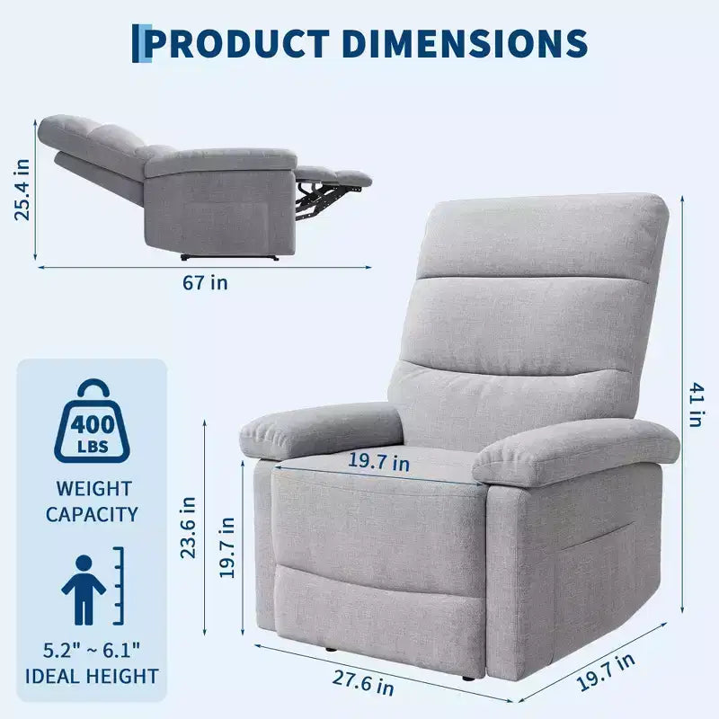 GustoWave Fabric Manual Recliner with Side Pocket, Adjustable Single Sofa with Ergonomic Back Support for Nursery