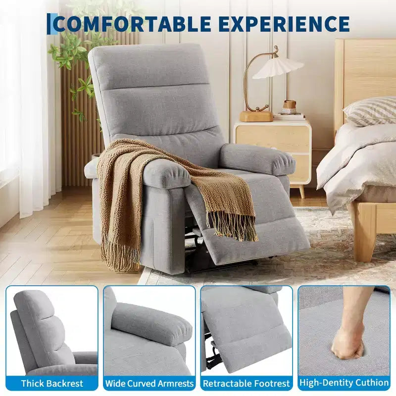 GustoWave Fabric Manual Recliner with Side Pocket, Adjustable Single Sofa with Ergonomic Back Support for Nursery
