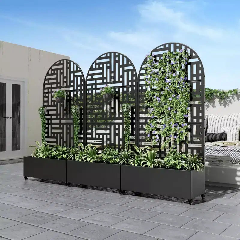 MAYEERTY Planter Box with Trellis Iron Black Arch Helen Street 01 Style 72x35x16in 3-Piece Set