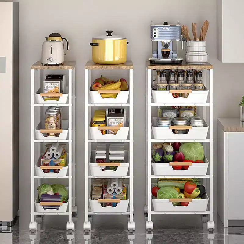 TROPOW 5-Tier Slim Rolling Cart C White Metal Utility Cart with Wood Top for Kitchen/Bathroom (1-Pack)