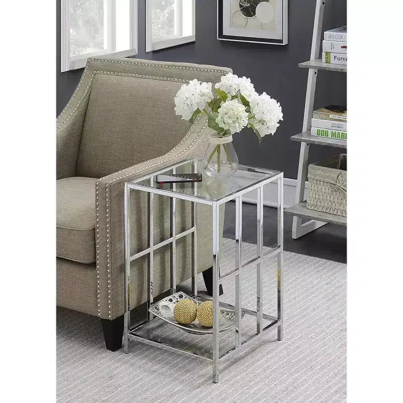 HomeStock 24 in.H Silver Color Rectangle Glass Table Top End Table 1 -piece