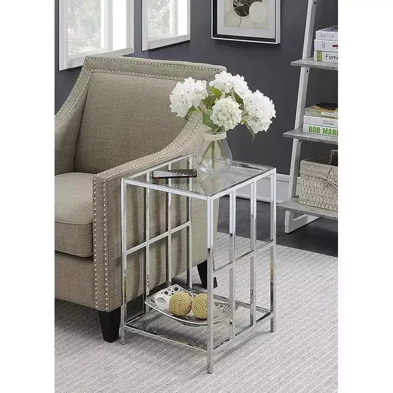 HomeStock 24 in.H Silver Color Rectangle Glass Table Top End Table 1 -piece
