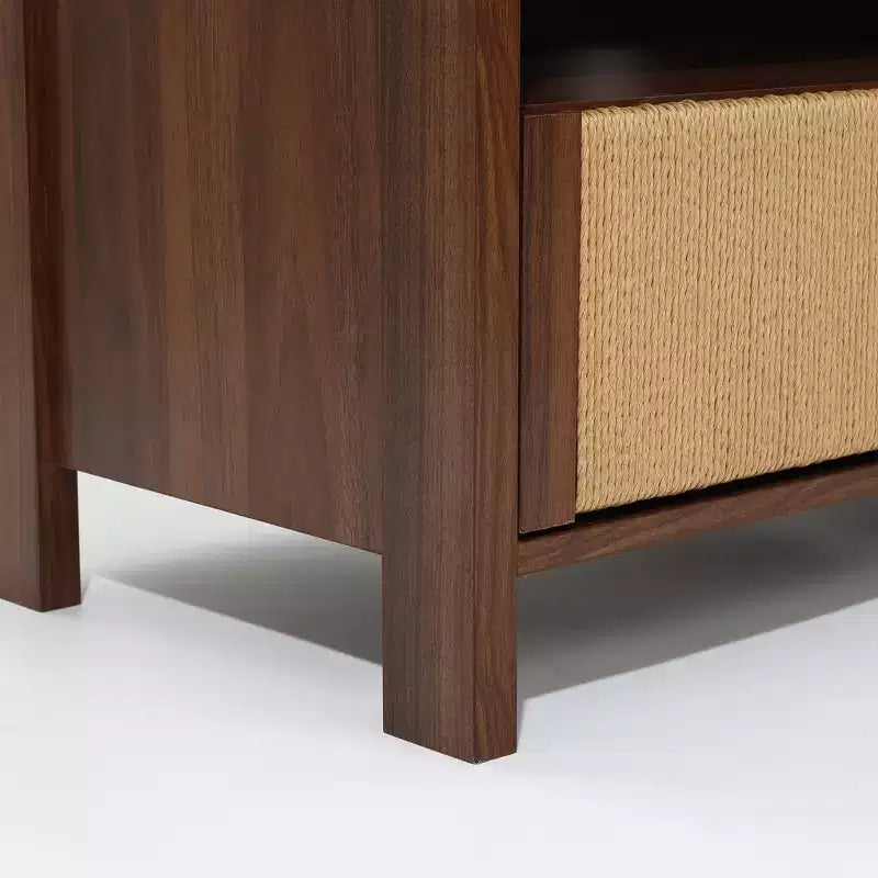LuxenHome 55 Walnut TV Stand for TVs up to 60, Woven Rope Door Panel, Small Media Console Cabinet with Drawer, Brown