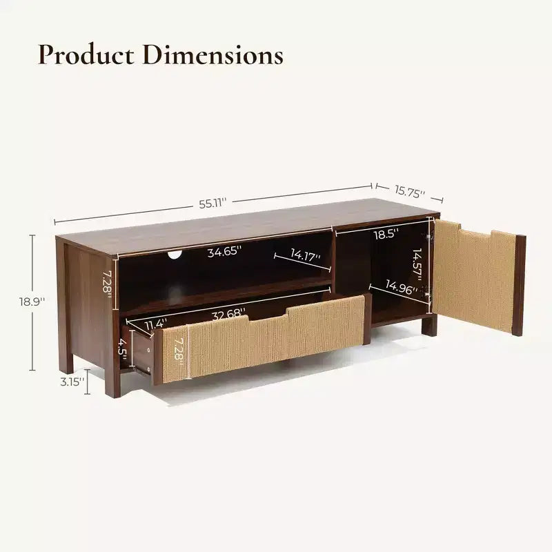 LuxenHome 55 Walnut TV Stand for TVs up to 60, Woven Rope Door Panel, Small Media Console Cabinet with Drawer, Brown