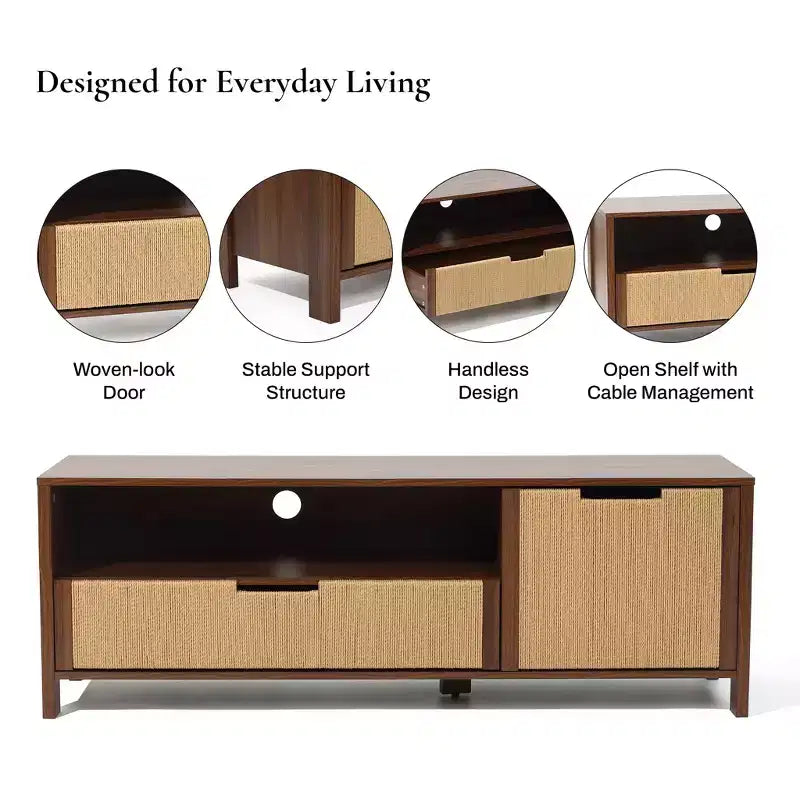 LuxenHome 55 Walnut TV Stand for TVs up to 60, Woven Rope Door Panel, Small Media Console Cabinet with Drawer, Brown