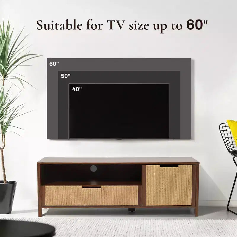 LuxenHome 55 Walnut TV Stand for TVs up to 60, Woven Rope Door Panel, Small Media Console Cabinet with Drawer, Brown