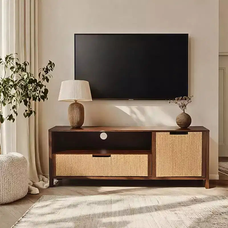LuxenHome 55 Walnut TV Stand for TVs up to 60, Woven Rope Door Panel, Small Media Console Cabinet with Drawer, Brown
