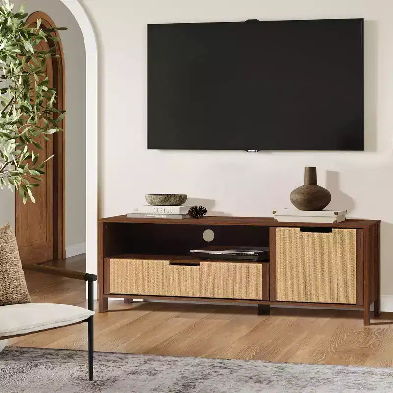 LuxenHome 55 Walnut TV Stand for TVs up to 60, Woven Rope Door Panel, Small Media Console Cabinet with Drawer, Brown