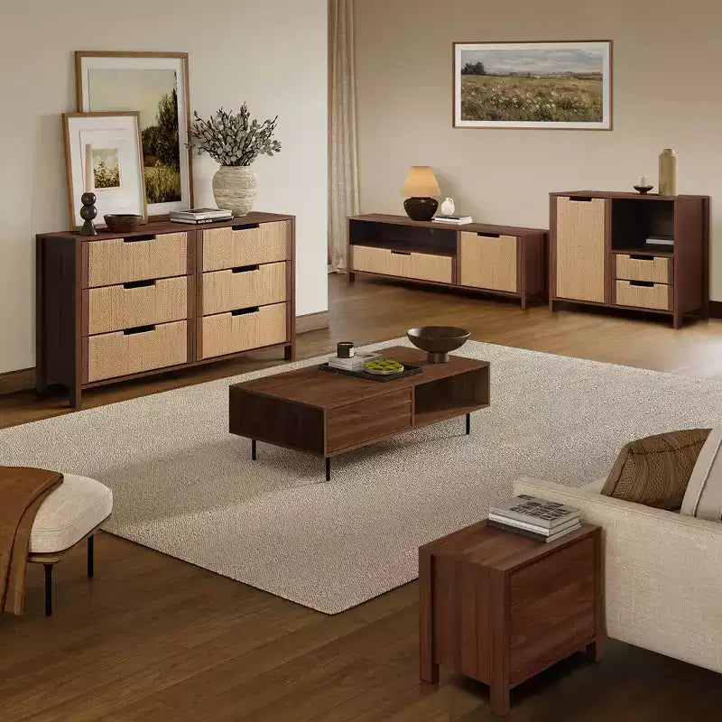 LuxenHome 55 Walnut TV Stand for TVs up to 60, Woven Rope Door Panel, Small Media Console Cabinet with Drawer, Brown