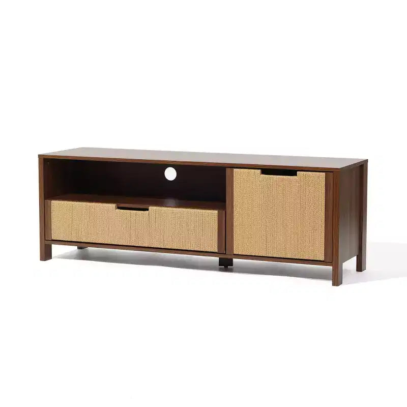 LuxenHome 55 Walnut TV Stand for TVs up to 60, Woven Rope Door Panel, Small Media Console Cabinet with Drawer, Brown
