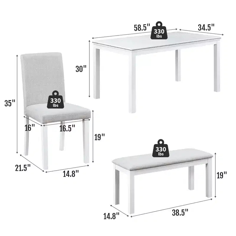 Zevemomo 6-Piece Solid Wood Dining Table Set,Including 1 Dining Table,4 Upholstered Chairs and 1 Bench,for Kitchen, Dining Room,White Diamond