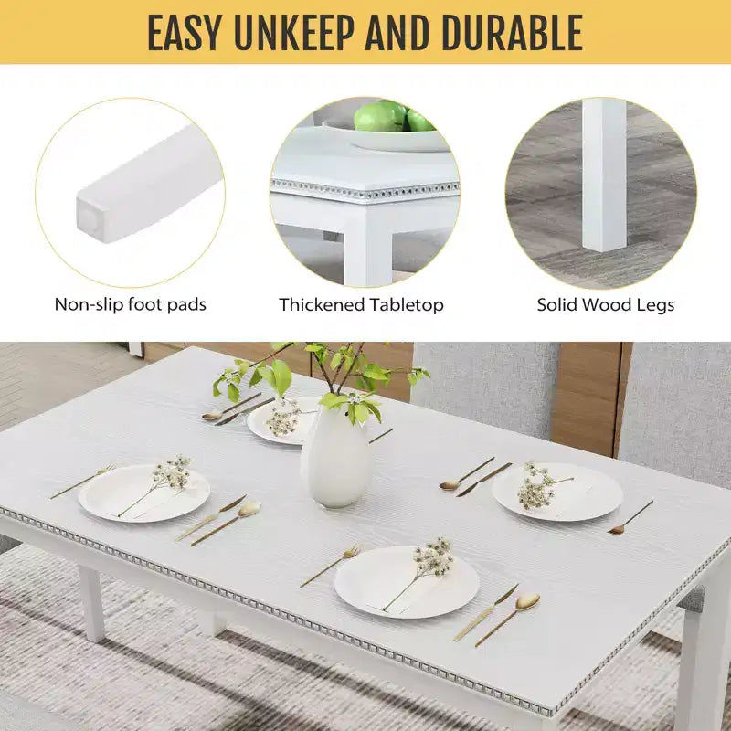 Zevemomo 6-Piece Solid Wood Dining Table Set,Including 1 Dining Table,4 Upholstered Chairs and 1 Bench,for Kitchen, Dining Room,White Diamond