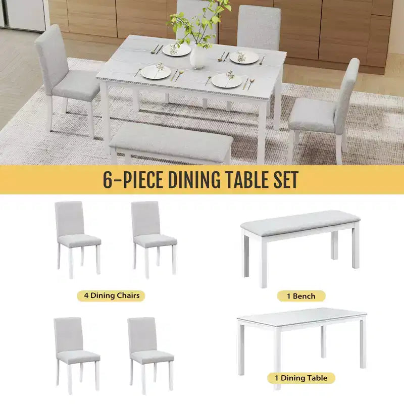 Zevemomo 6-Piece Solid Wood Dining Table Set,Including 1 Dining Table,4 Upholstered Chairs and 1 Bench,for Kitchen, Dining Room,White Diamond