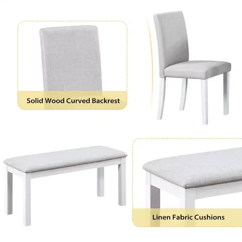 Zevemomo 6-Piece Solid Wood Dining Table Set,Including 1 Dining Table,4 Upholstered Chairs and 1 Bench,for Kitchen, Dining Room,White Diamond