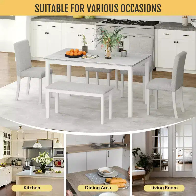Zevemomo 6-Piece Solid Wood Dining Table Set,Including 1 Dining Table,4 Upholstered Chairs and 1 Bench,for Kitchen, Dining Room,White Diamond