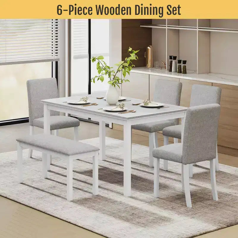 Zevemomo 6-Piece Solid Wood Dining Table Set,Including 1 Dining Table,4 Upholstered Chairs and 1 Bench,for Kitchen, Dining Room,White Diamond