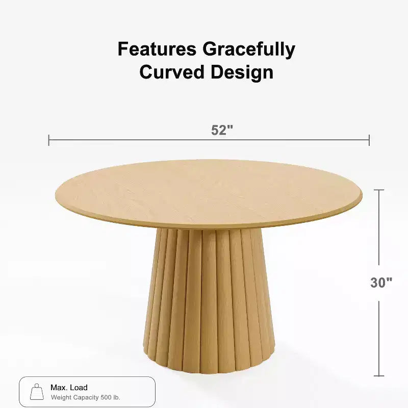 PexFix 52 Wood Round Dining Table Kitchen Table for 4-6 with Arc-Shaped Edge Top & Textured Tapered Base for Living/Dining Room Coffee Office Natural