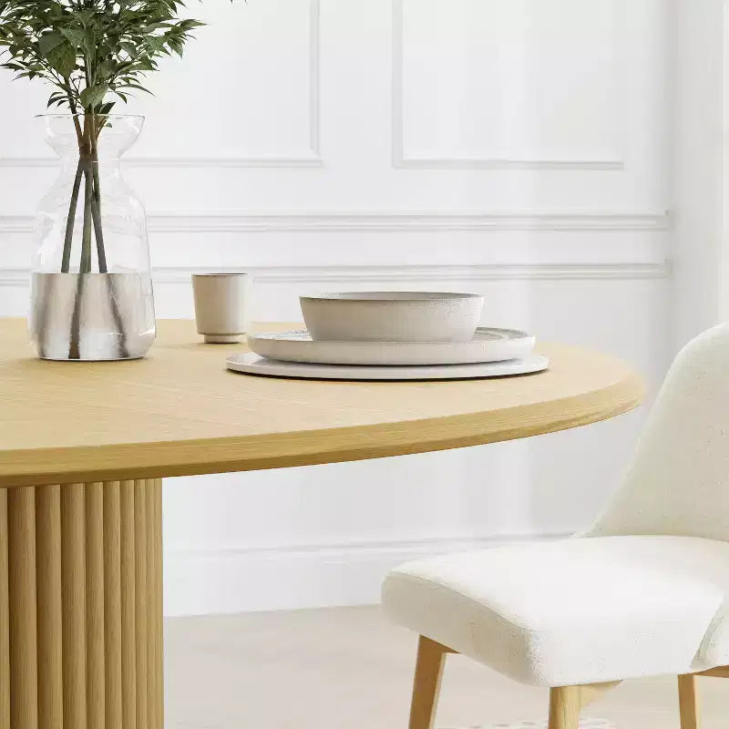 PexFix 52 Wood Round Dining Table Kitchen Table for 4-6 with Arc-Shaped Edge Top & Textured Tapered Base for Living/Dining Room Coffee Office Natural