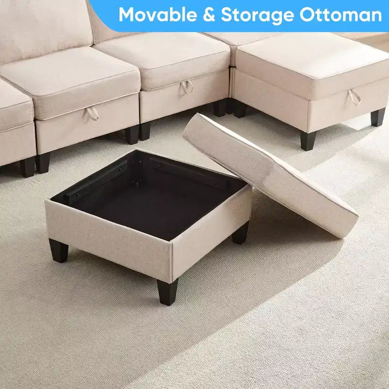 Mjkone Flexible Combination 4-Seater Modular Sofa with Ottomans,Linen Convertible Sleeper Sofa Bed with Storage Space