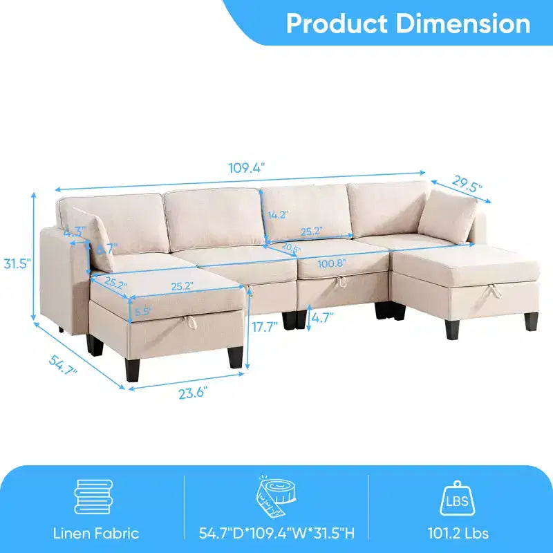 Mjkone Flexible Combination 4-Seater Modular Sofa with Ottomans,Linen Convertible Sleeper Sofa Bed with Storage Space