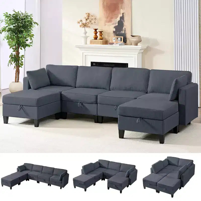 Mjkone Flexible Combination 4-Seater Modular Sofa with Ottomans,Linen Convertible Sleeper Sofa Bed with Storage Space