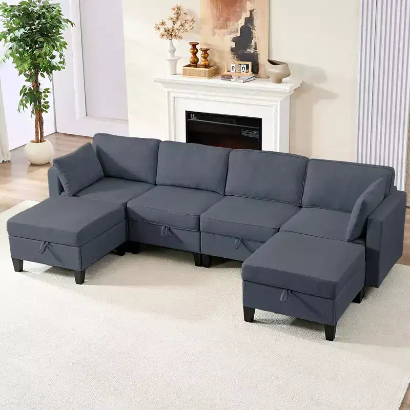 Mjkone Flexible Combination 4-Seater Modular Sofa with Ottomans,Linen Convertible Sleeper Sofa Bed with Storage Space