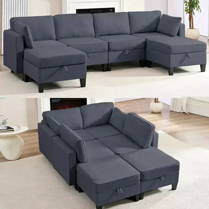 Mjkone Flexible Combination 4-Seater Modular Sofa with Ottomans,Linen Convertible Sleeper Sofa Bed with Storage Space