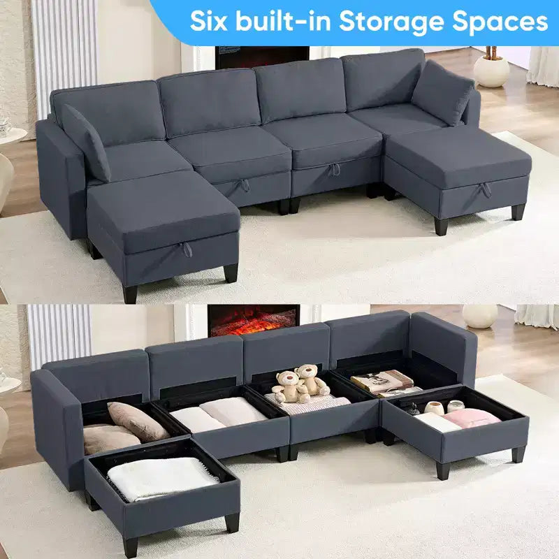 Mjkone Flexible Combination 4-Seater Modular Sofa with Ottomans,Linen Convertible Sleeper Sofa Bed with Storage Space