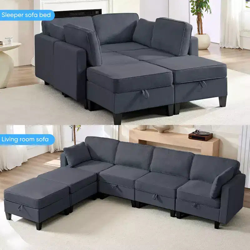 Mjkone Flexible Combination 4-Seater Modular Sofa with Ottomans,Linen Convertible Sleeper Sofa Bed with Storage Space
