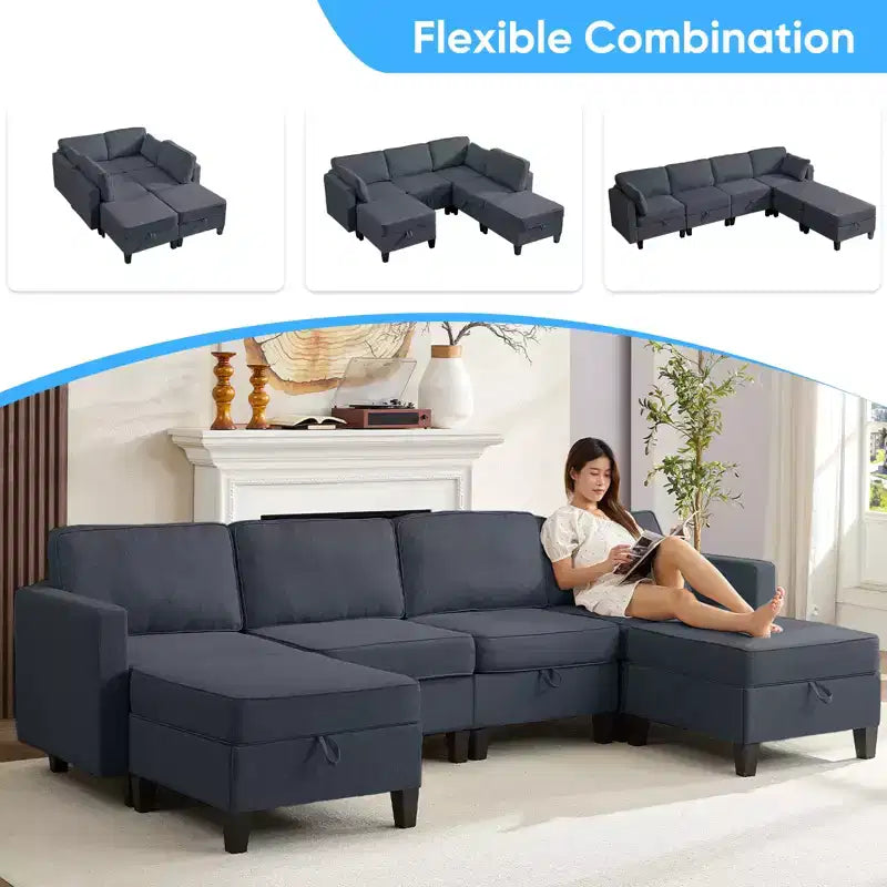 Mjkone Flexible Combination 4-Seater Modular Sofa with Ottomans,Linen Convertible Sleeper Sofa Bed with Storage Space