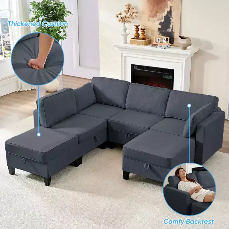 Mjkone Flexible Combination 4-Seater Modular Sofa with Ottomans,Linen Convertible Sleeper Sofa Bed with Storage Space