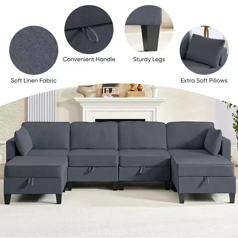 Mjkone Flexible Combination 4-Seater Modular Sofa with Ottomans,Linen Convertible Sleeper Sofa Bed with Storage Space