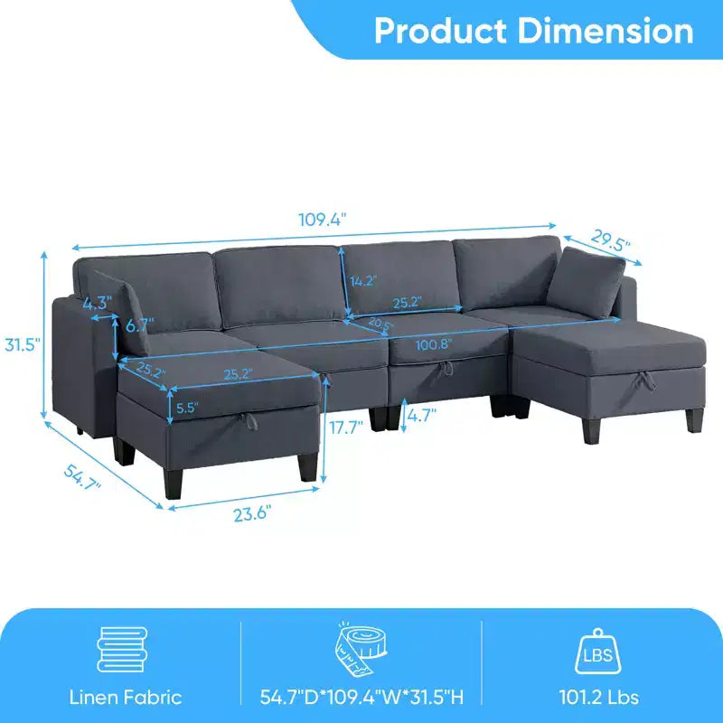 Mjkone Flexible Combination 4-Seater Modular Sofa with Ottomans,Linen Convertible Sleeper Sofa Bed with Storage Space