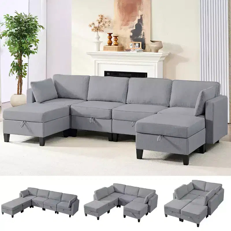 Mjkone Flexible Combination 4-Seater Modular Sofa with Ottomans,Linen Convertible Sleeper Sofa Bed with Storage Space