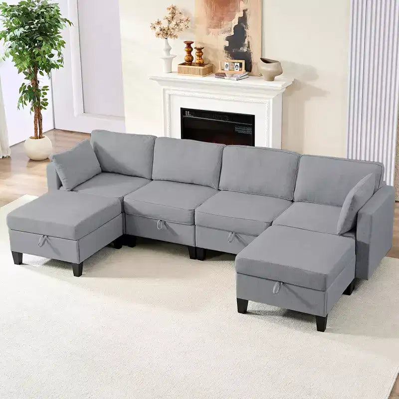 Mjkone Flexible Combination 4-Seater Modular Sofa with Ottomans,Linen Convertible Sleeper Sofa Bed with Storage Space