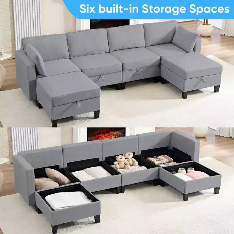 Mjkone Flexible Combination 4-Seater Modular Sofa with Ottomans,Linen Convertible Sleeper Sofa Bed with Storage Space