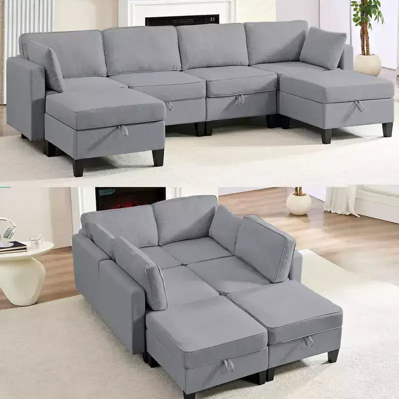 Mjkone Flexible Combination 4-Seater Modular Sofa with Ottomans,Linen Convertible Sleeper Sofa Bed with Storage Space