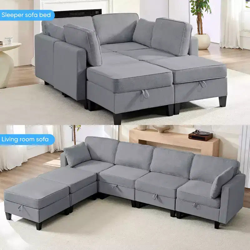 Mjkone Flexible Combination 4-Seater Modular Sofa with Ottomans,Linen Convertible Sleeper Sofa Bed with Storage Space
