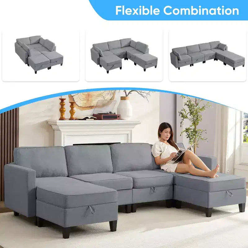 Mjkone Flexible Combination 4-Seater Modular Sofa with Ottomans,Linen Convertible Sleeper Sofa Bed with Storage Space