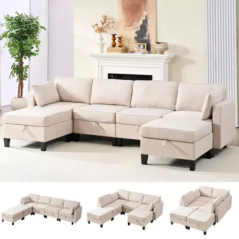Mjkone Flexible Combination 4-Seater Modular Sofa with Ottomans,Linen Convertible Sleeper Sofa Bed with Storage Space