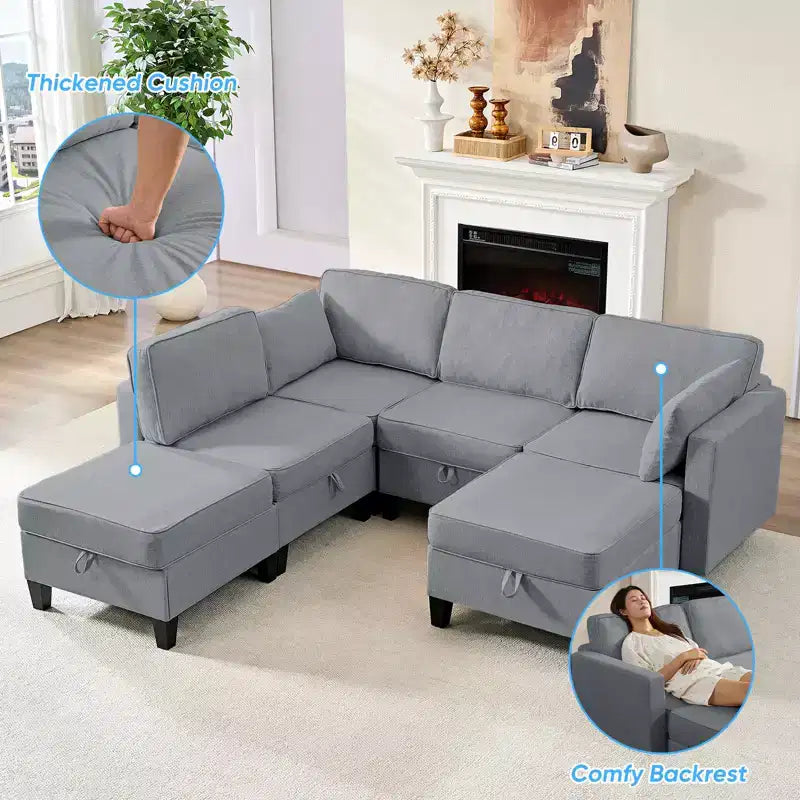 Mjkone Flexible Combination 4-Seater Modular Sofa with Ottomans,Linen Convertible Sleeper Sofa Bed with Storage Space